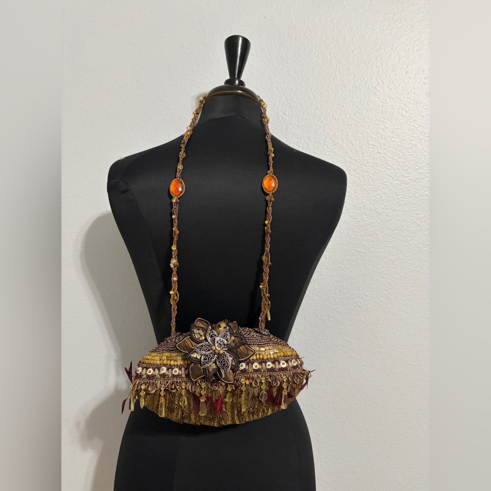 Mary Frances Gold and Burgundy Beaded Fringe Crossbody Clutch